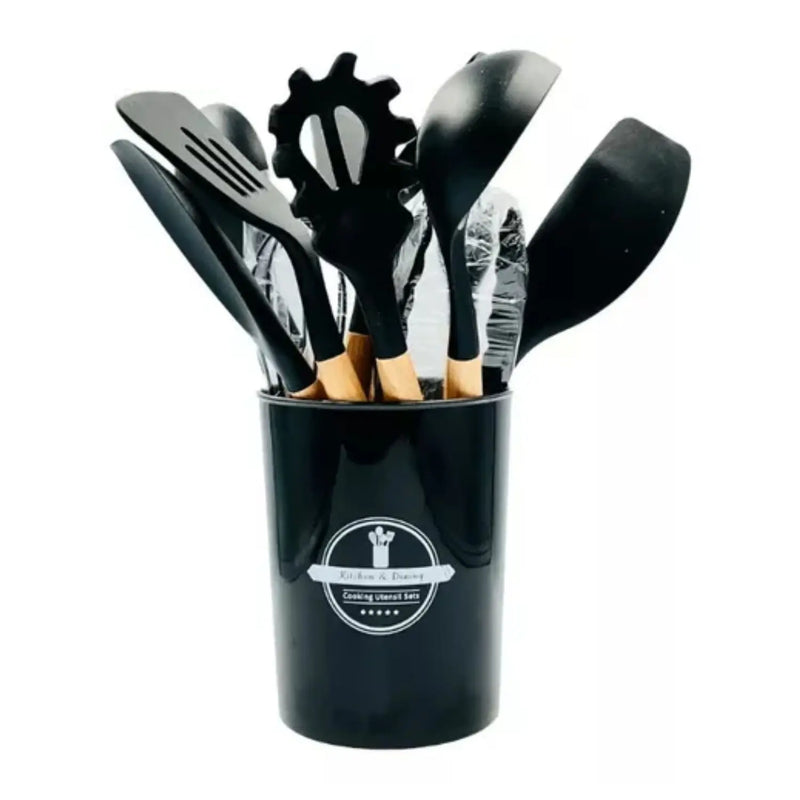 Kit Completo para Cozinha – 12 Utensílios em Silicone com Cabo de Madeira + Suporte