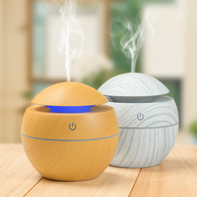 Umidificador de Ar em Madeira com Aromaterapia, Difusor Ultrassônico e Purificador USB"